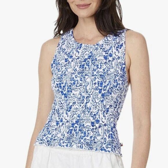 Tommy Hilfiger Womens Fontaine FloralPrint Smocked Cotton Tank Top BlueWhite XXL - Picture 5 of 10